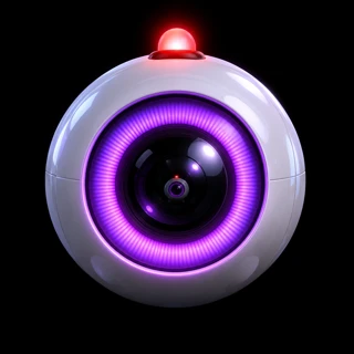 a white ball of a robot with one purple lens and a red light on top